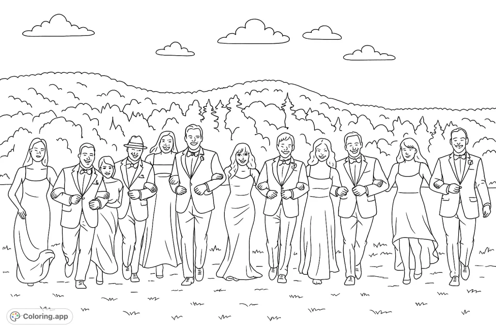 Celebrate love with this joyful wedding party coloring page! Ten individuals, including a bride and groom, walk arm-in-arm through a scenic outdoor setting.