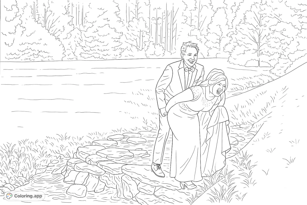 A happy couple shares a laugh by a serene stream in a forest setting. This wedding coloring page is perfect for celebrating love and nature.