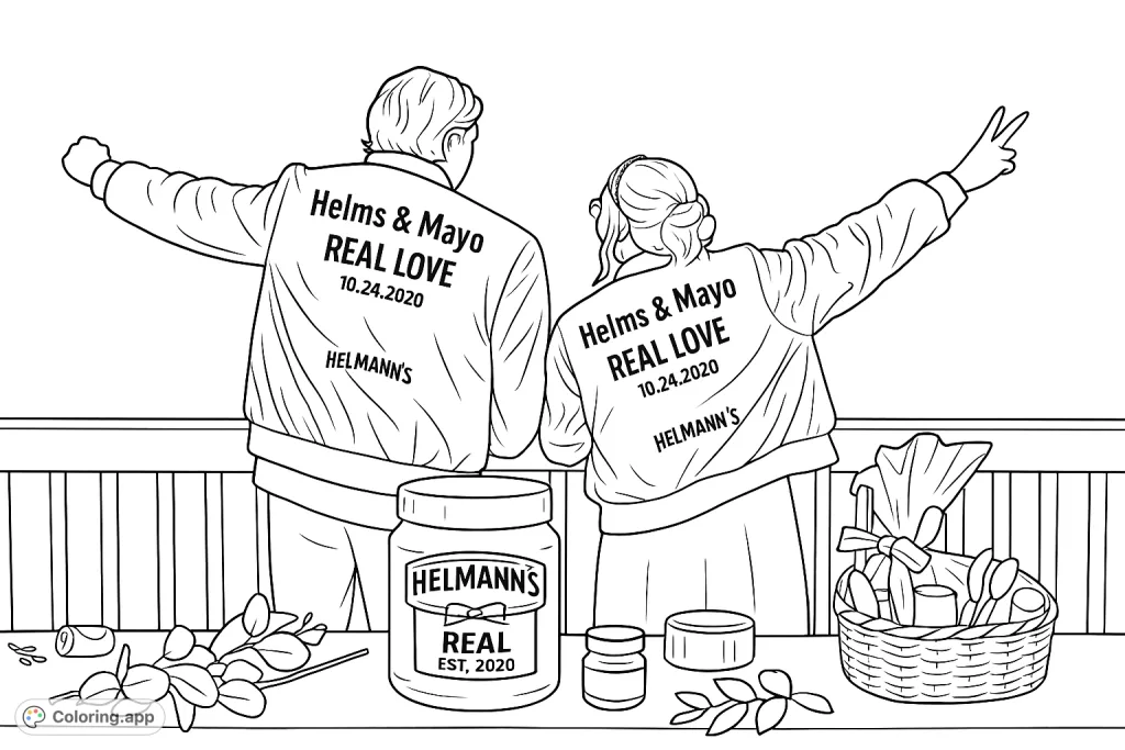 Celebrate unique love with this couple in matching jackets, a giant jar, and a festive table setting. A fun, personalized coloring page.