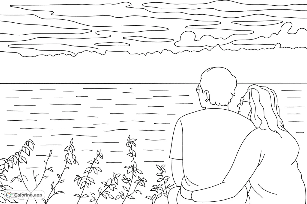 A tender moment captured: a couple embracing by a serene lake at dusk, with a distant landscape and a dramatic sky. Perfect for a romantic coloring escape.