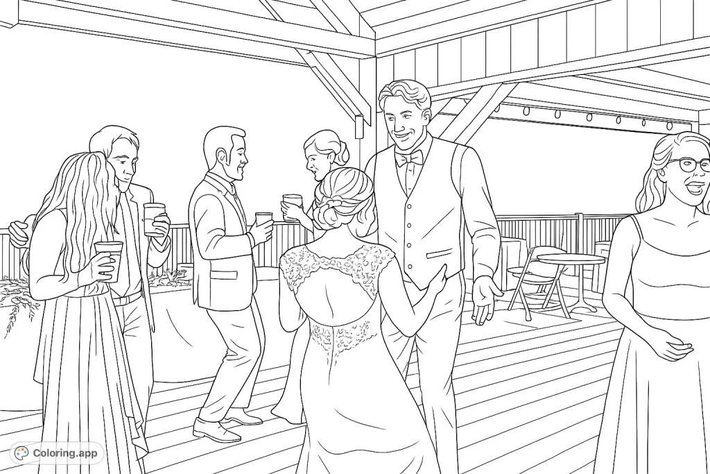 Capture the joy of a wedding reception with guests dancing under string lights. Features a bride, groom, and lively party atmosphere.