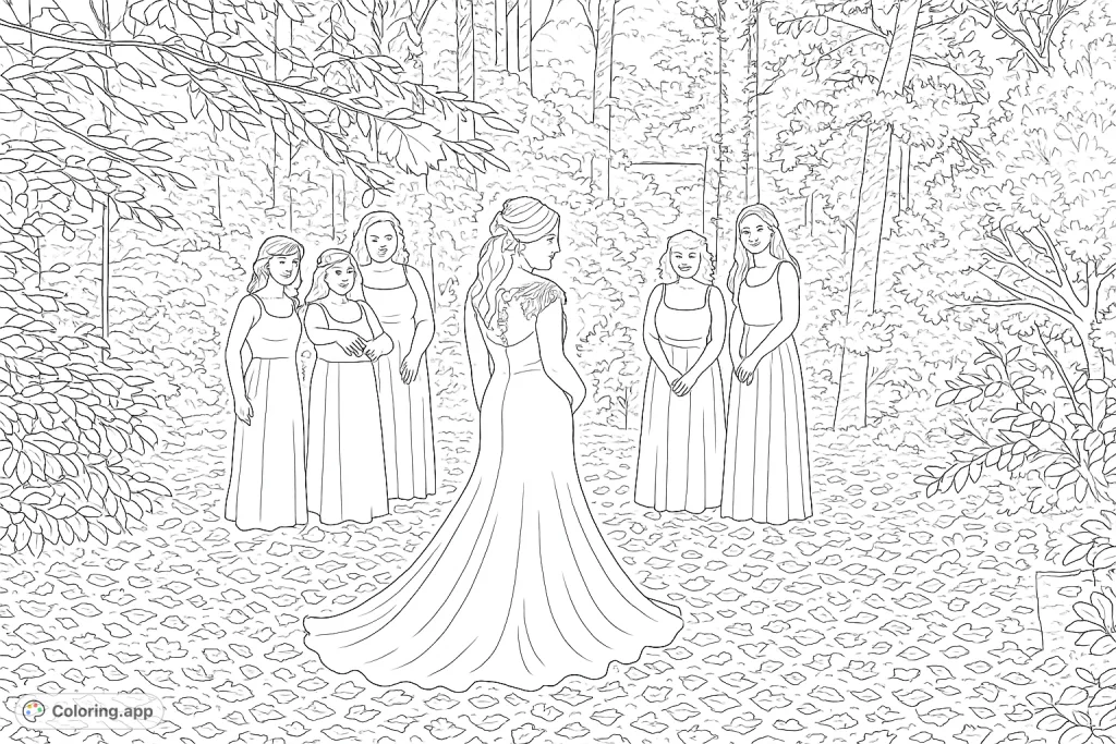 An elegant bride with her bridesmaids in a serene woodland setting, perfect for a wedding-themed coloring page.