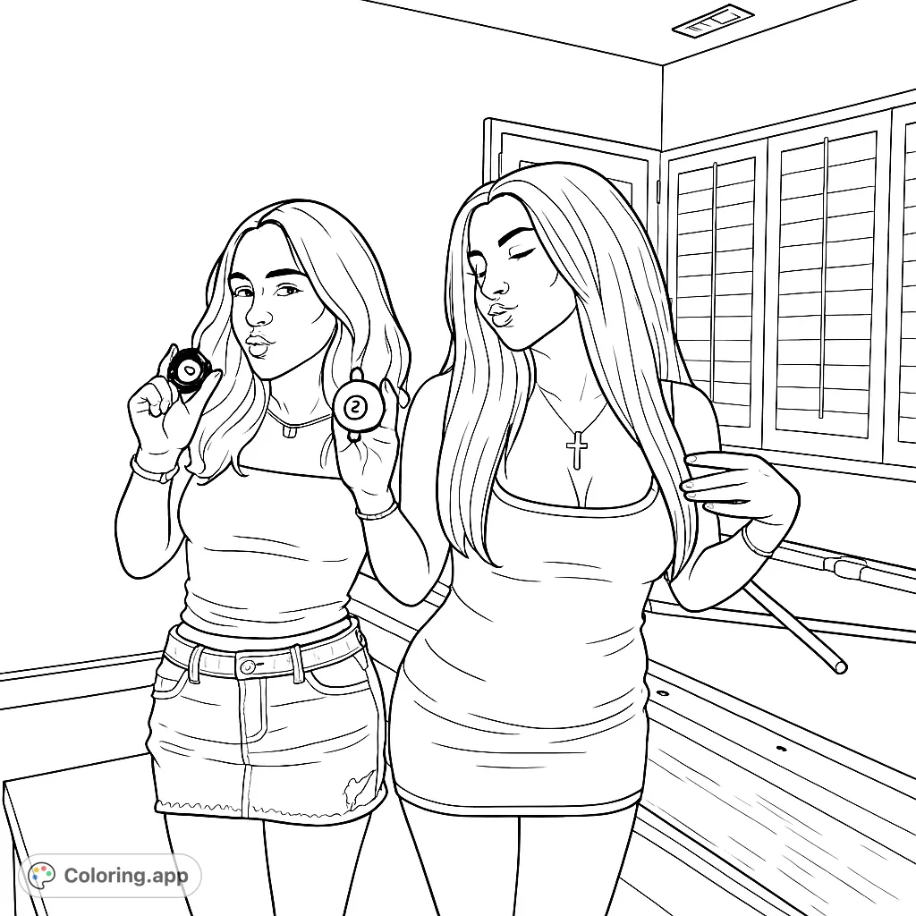 Two young women pose playfully with pool balls and cues in a casual setting, perfect for a fun, modern coloring experience.