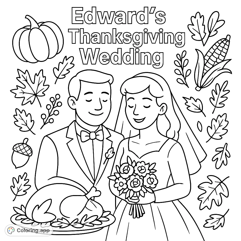 A unique Thanksgiving wedding coloring page featuring the phrase 'Edward's Thanksgiving Wedding' for a personalized touch.