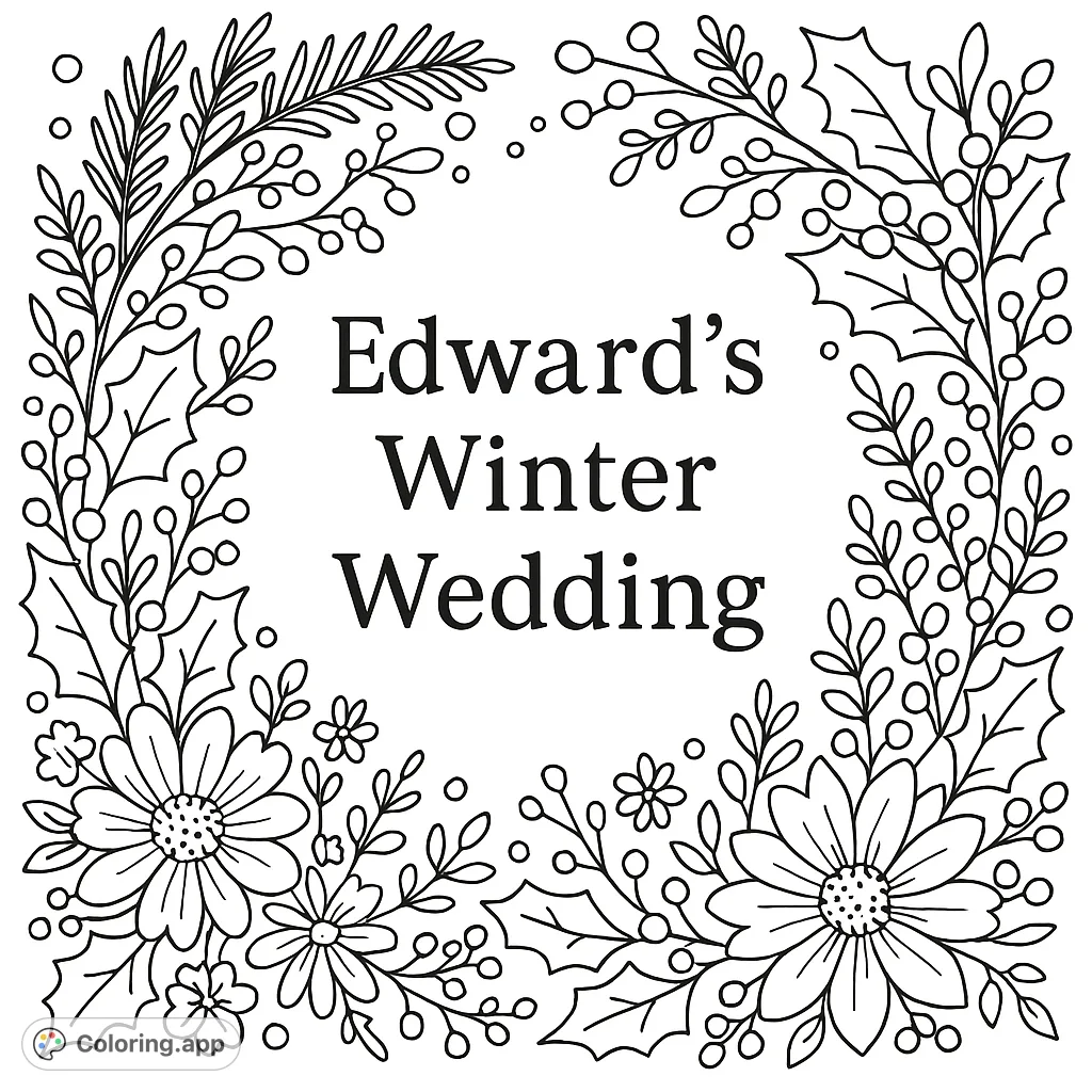 Celebrate love with this enchanting winter wedding coloring page. Features a couple in a snowy landscape with festive decorations.