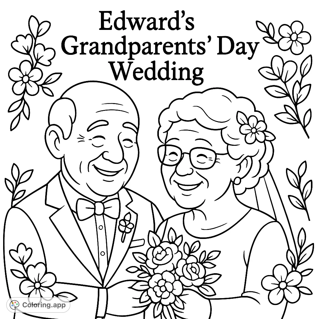 Celebrate love with this heartwarming grandparents' wedding coloring page. Features an older couple, Edward, and festive decorations for a special day.