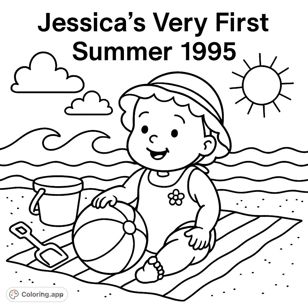 A nostalgic text-based coloring page featuring 'Jessica's Very First Summer 1995', perfect for personalizing a special memory.