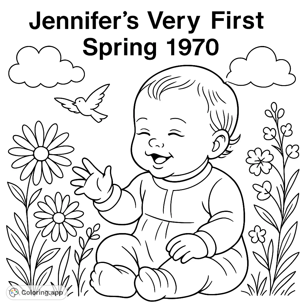 A nostalgic text-based coloring page featuring 'Jennifer's Very First Spring 1970'. Perfect for personalizing a special memory or celebrating a vintage year.