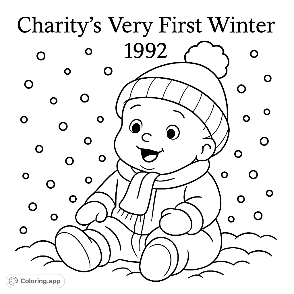 A unique coloring page featuring the phrase 'Charity's Very First Winter 1992'. Personalize this special memory with your favorite hues and creative flair.