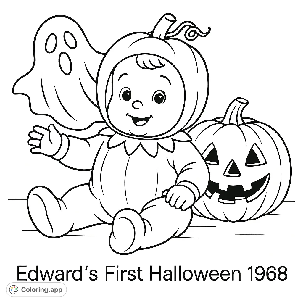 A unique Halloween coloring page featuring the phrase 'Edward's First Halloween 1968'. Perfect for personalizing with festive colors and celebrating a special memory.