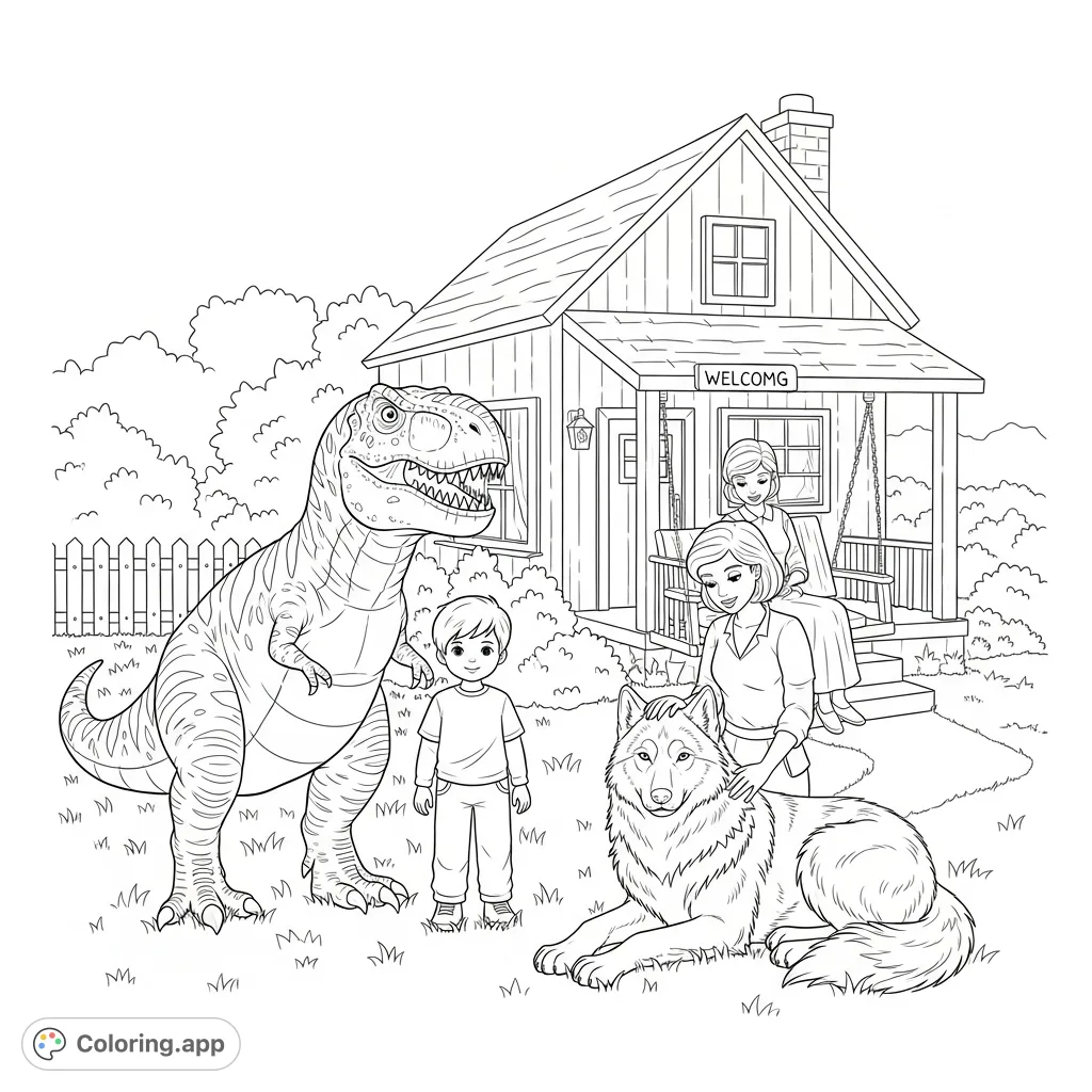 A heartwarming scene featuring a boy, his T-Rex best friend Tee, his mother, and their wolf-dog Charley at their peaceful country home. A unique family portrait.