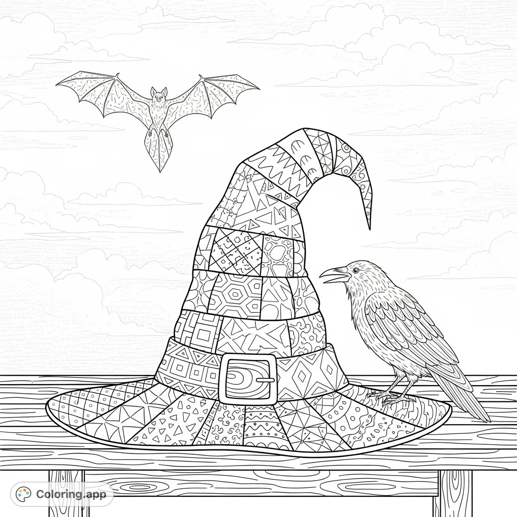 An intricate witch's hat with 31 unique patterns, a detailed crow, and a soaring bat against a textured sky. A challenging and magical coloring page.
