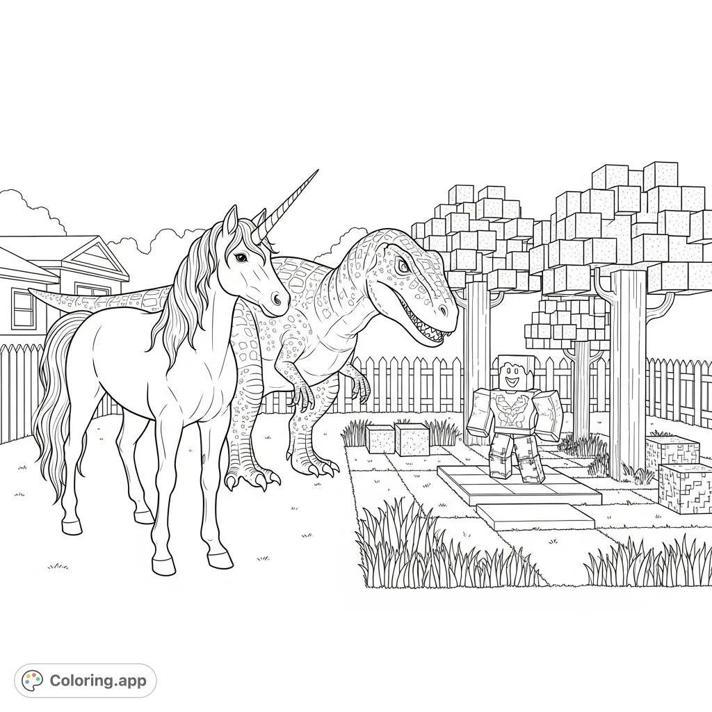 A whimsical coloring page featuring a majestic unicorn, a towering dinosaur, and a blocky Roblox character in a Minecraft-themed front yard. Perfect for fantasy and gaming fans!