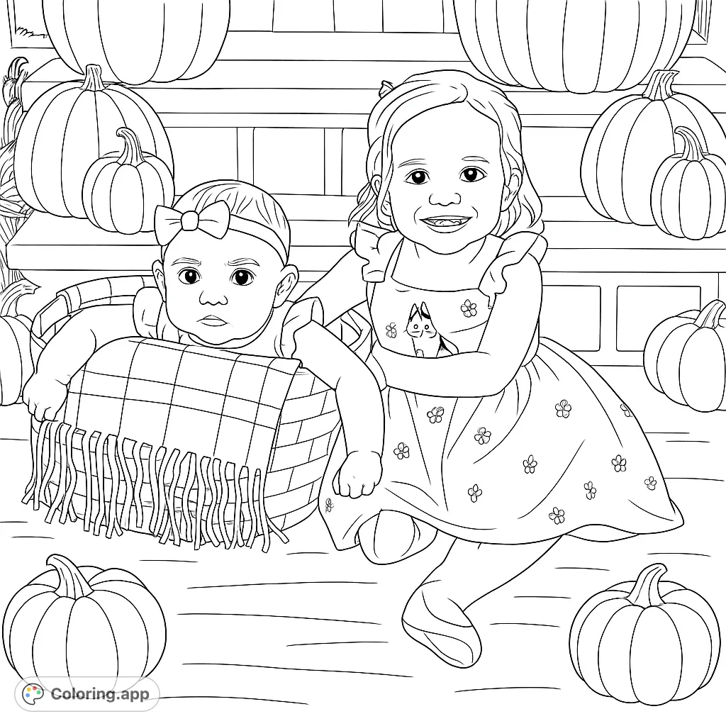Two adorable sisters surrounded by pumpkins and autumn decor, perfect for a cozy harvest season coloring page. Features a baby in a basket and a smiling toddler.
