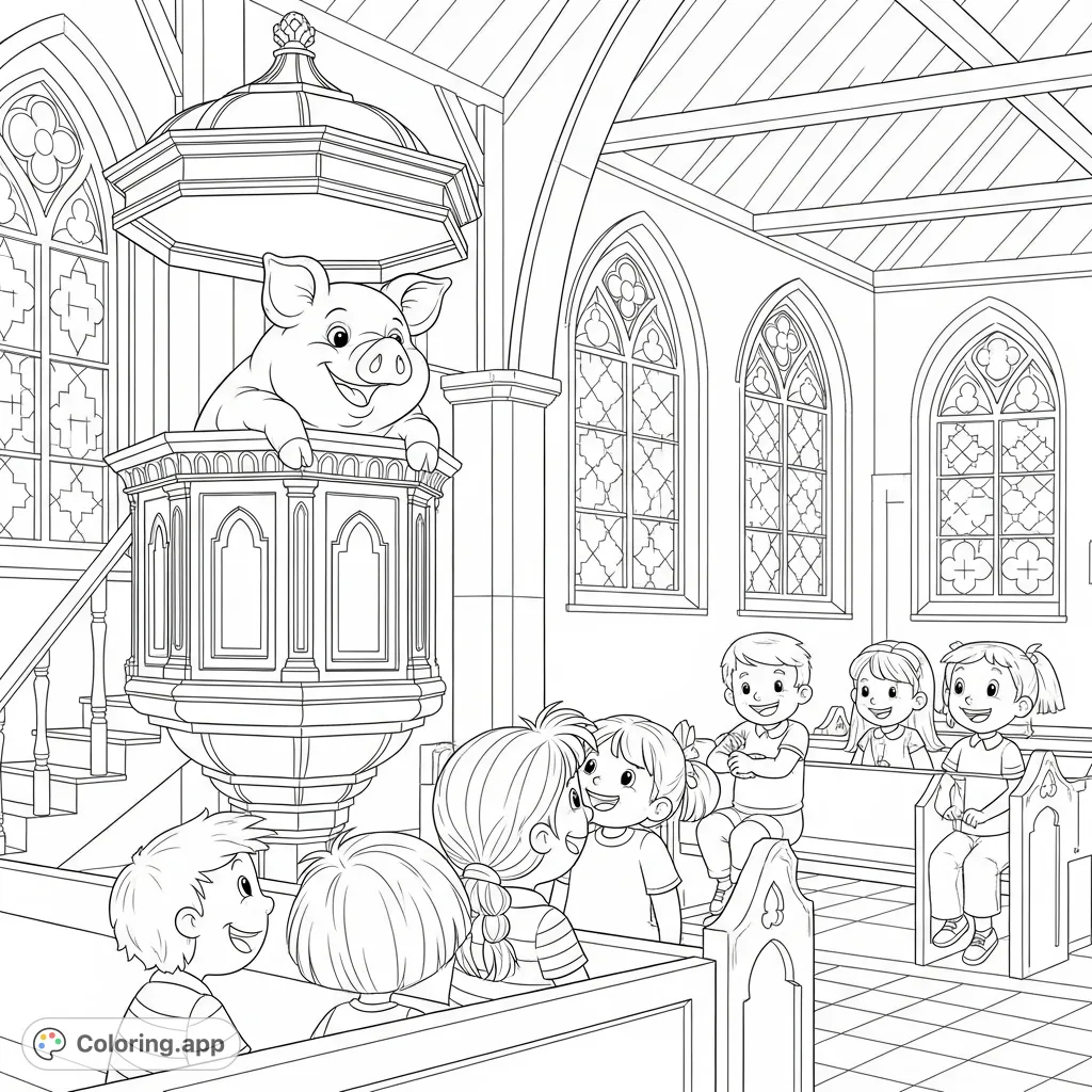 A whimsical church coloring page featuring a mischievous pig peeking from behind a grand pulpit, surrounded by laughing children. A delightful and funny scene.