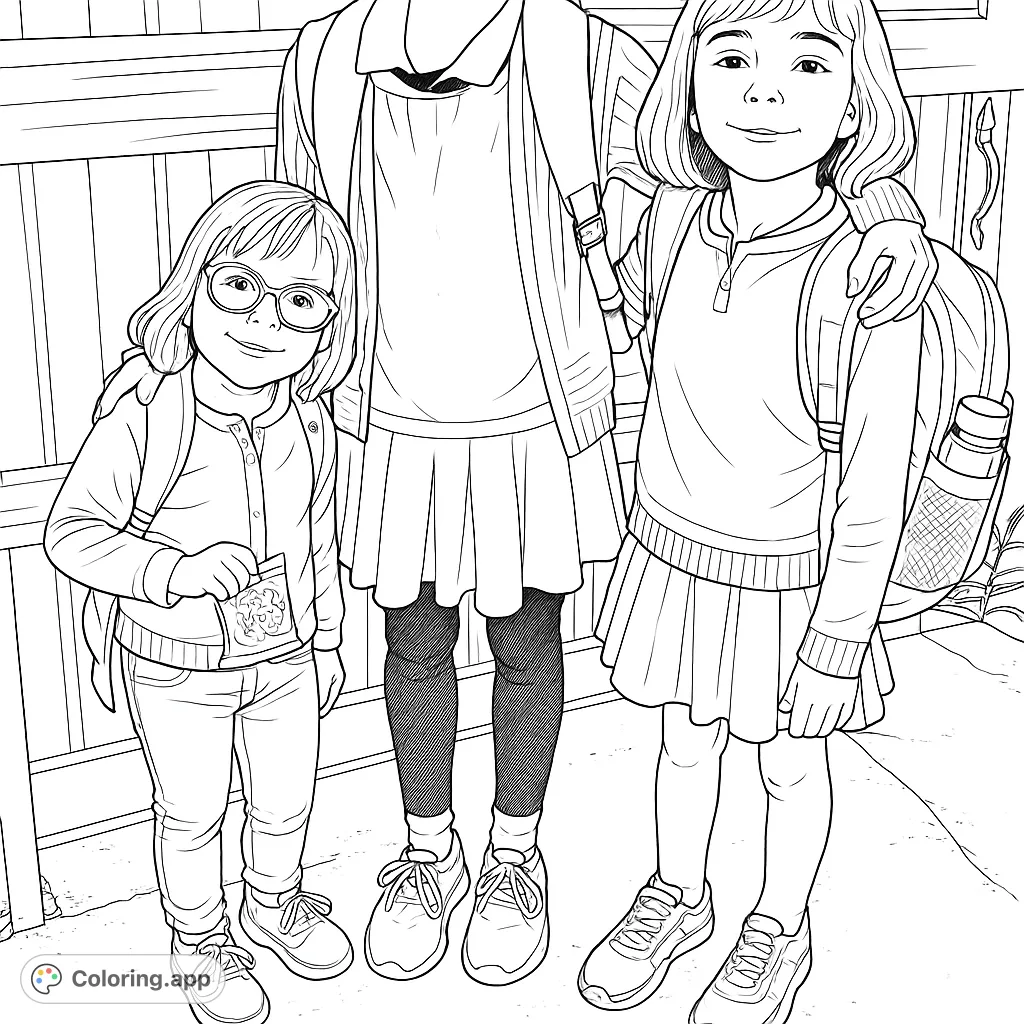 Capture the joy of friendship and learning with this charming coloring page featuring three children ready for school with their backpacks.