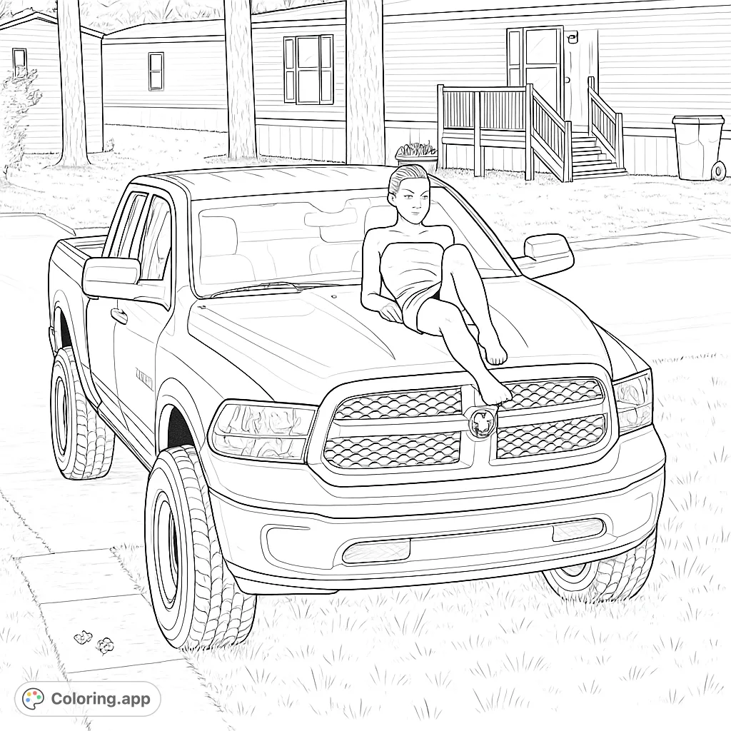 A striking coloring page featuring a young woman casually posing on the hood of a powerful pickup truck, set against a residential backdrop. Perfect for adult colorists.