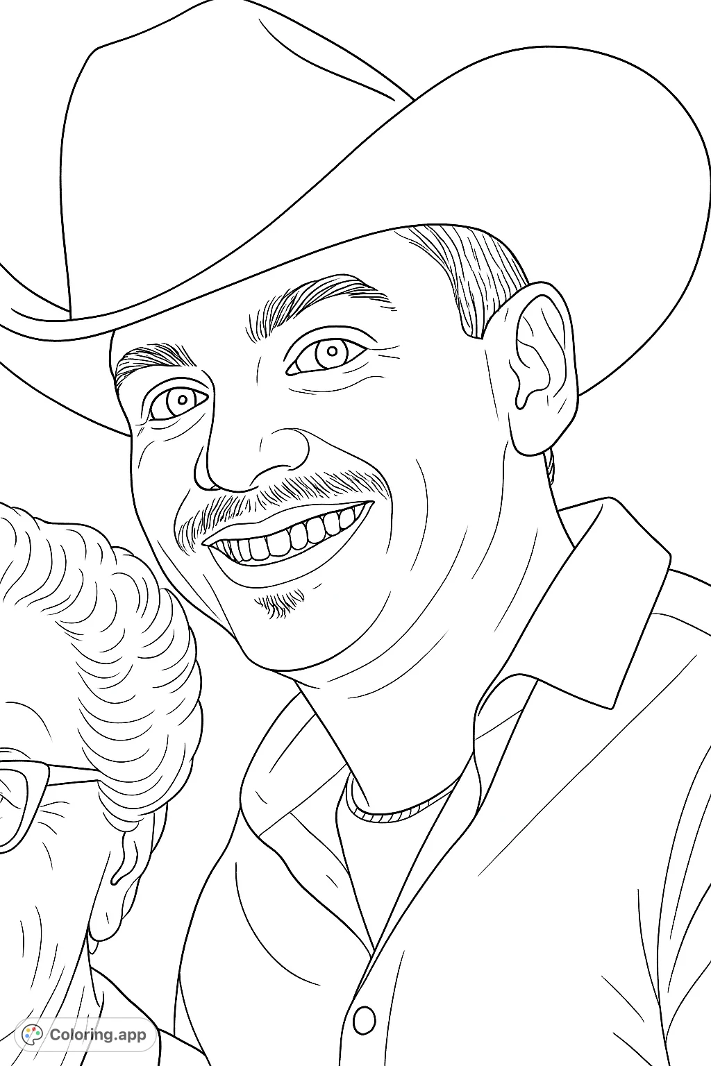 A friendly man in a cowboy hat smiles broadly, featuring a mustache and a collared shirt. Perfect for a fun coloring experience.