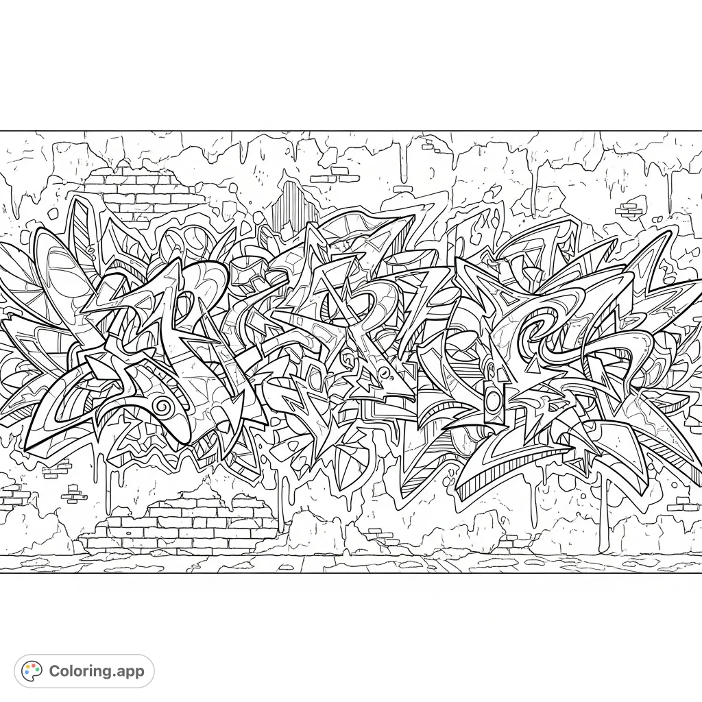 Explore an urban canvas with this dynamic graffiti designs coloring page. Featuring abstract shapes, intricate patterns, and textured wall elements.