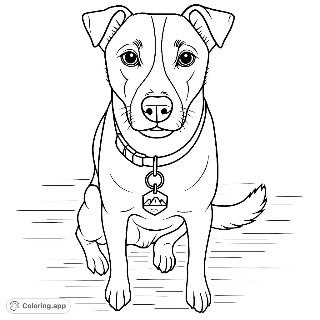 A charming dog sits patiently, wearing a collar with a unique mountain-themed tag, ready for a creative splash of color.