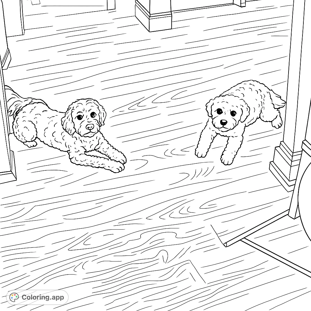 Two adorable dogs relaxing on a wooden floor, ready for a splash of color. Perfect for dog lovers of all ages and a fun, free printable activity.