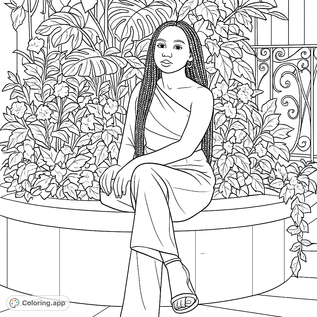 An elegant young woman with braided hair sits gracefully amidst lush foliage, wearing a stylish one-shoulder jumpsuit. A sophisticated portrait for coloring.