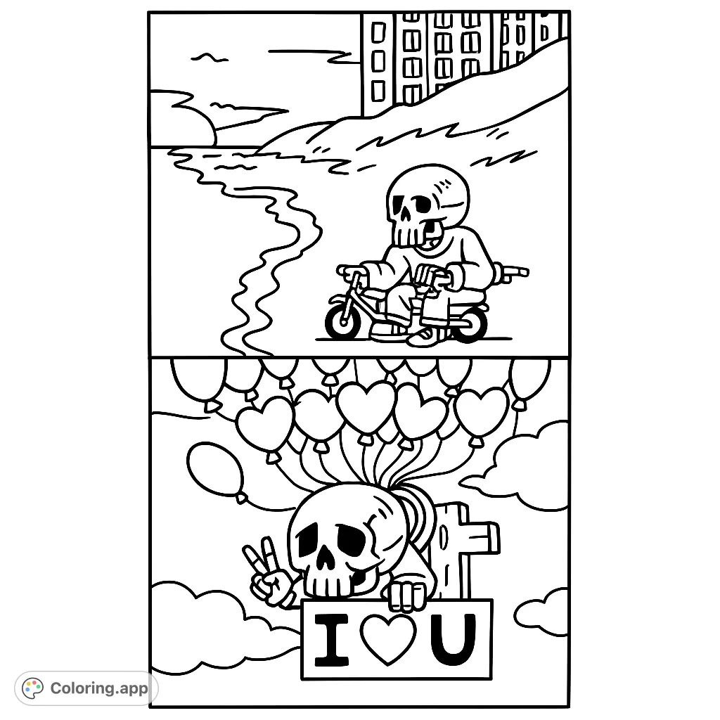 A unique coloring page featuring a skull character in two distinct scenes: relaxing on a beach at sunset and flying with balloons, holding a heartfelt sign.