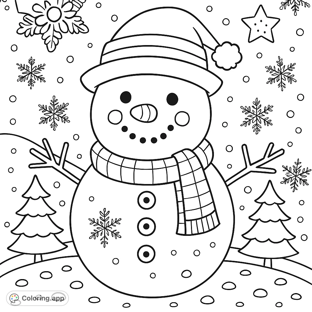 A delightful cartoony snowman in a festive winter wonderland, surrounded by snowflakes and evergreen trees. Perfect for seasonal fun and creative expression!
