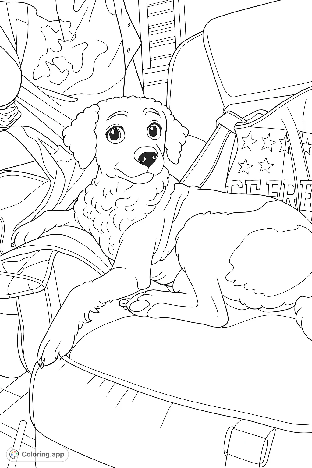 A charming dog rests on a seat, accompanied by a person in camouflage. This heartwarming scene offers a delightful coloring experience for all ages.