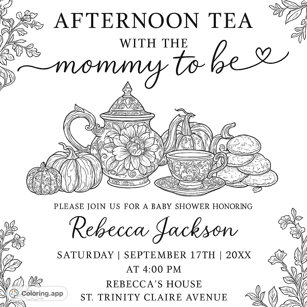 An intricate coloring page featuring an elegant teapot, teacup, and saucer, surrounded by decorative pumpkins and a stack of cookies. Perfect for fall.