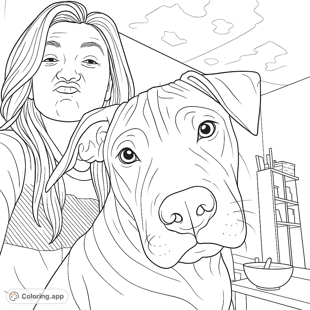 A delightful coloring page featuring a young person making a funny face alongside their adorable dog. Perfect for pet lovers and those who enjoy playful scenes.