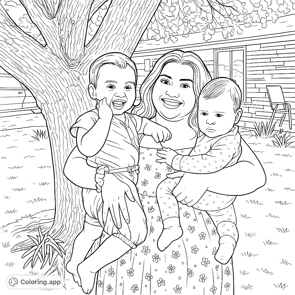 A heartwarming scene of a mother embracing her two young children outdoors, featuring a large tree and a house in the background. Perfect for family-themed coloring.