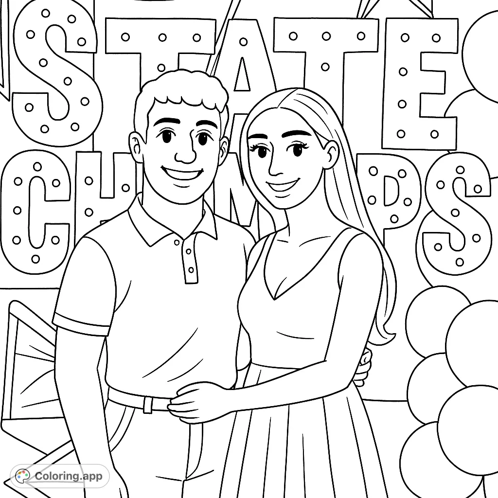 Celebrate victory with this detailed coloring page featuring a joyful couple against a backdrop of 'STATE CHAMPS' letters and festive balloons. Perfect for all ages!