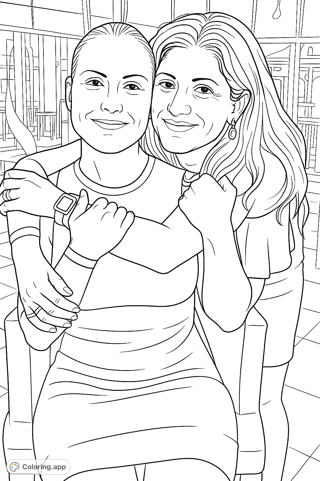 Capture a moment of heartfelt connection with this two women embracing coloring page. Perfect for celebrating friendship and warmth, offering a relaxing creative outlet.