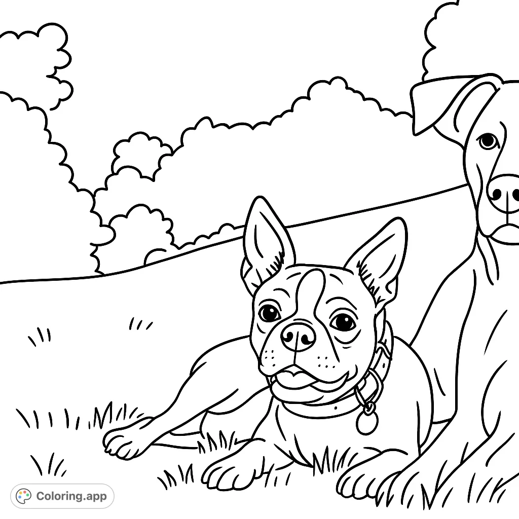 A delightful coloring page featuring two friendly dogs, a Boston Terrier and a larger companion, relaxing in a grassy field with a scenic background.