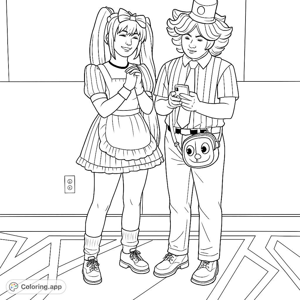Dive into the world of cosplay with this detailed coloring page featuring two unique characters in elaborate costumes and distinctive hairstyles. Perfect for fans!