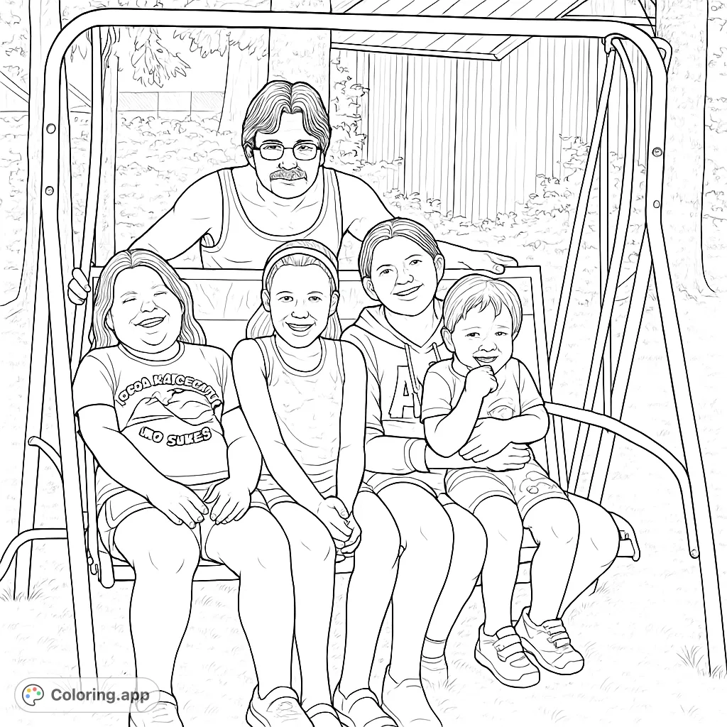 A heartwarming family scene featuring an adult and four children gathered on a porch swing, surrounded by nature. Perfect for a relaxing coloring experience.