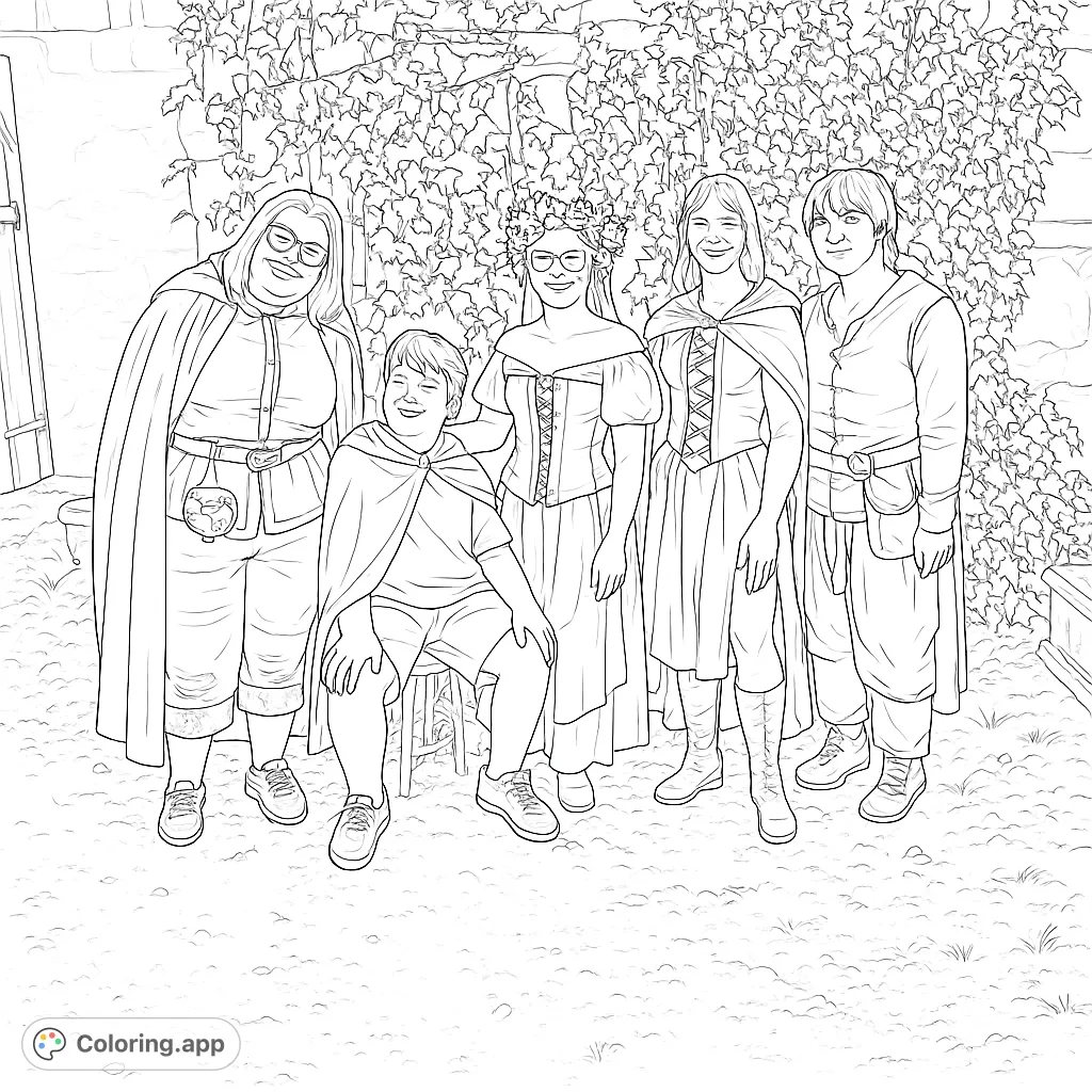 A detailed fantasy group coloring page featuring five individuals in elaborate costumes against an ivy-covered stone wall. Perfect for creative expression!