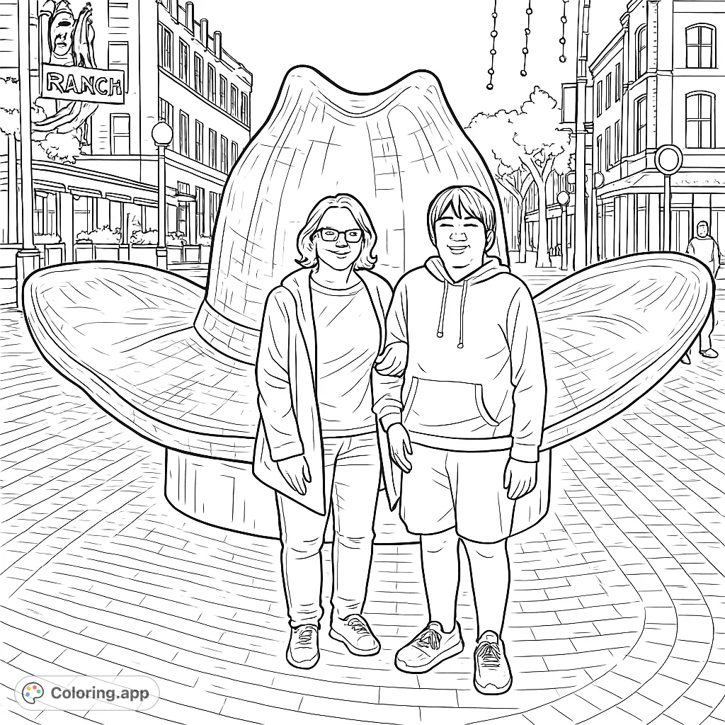 Color a lively urban night scene featuring two people posing with a massive, reflective cowboy hat sculpture, surrounded by illuminated city buildings and neon signs.