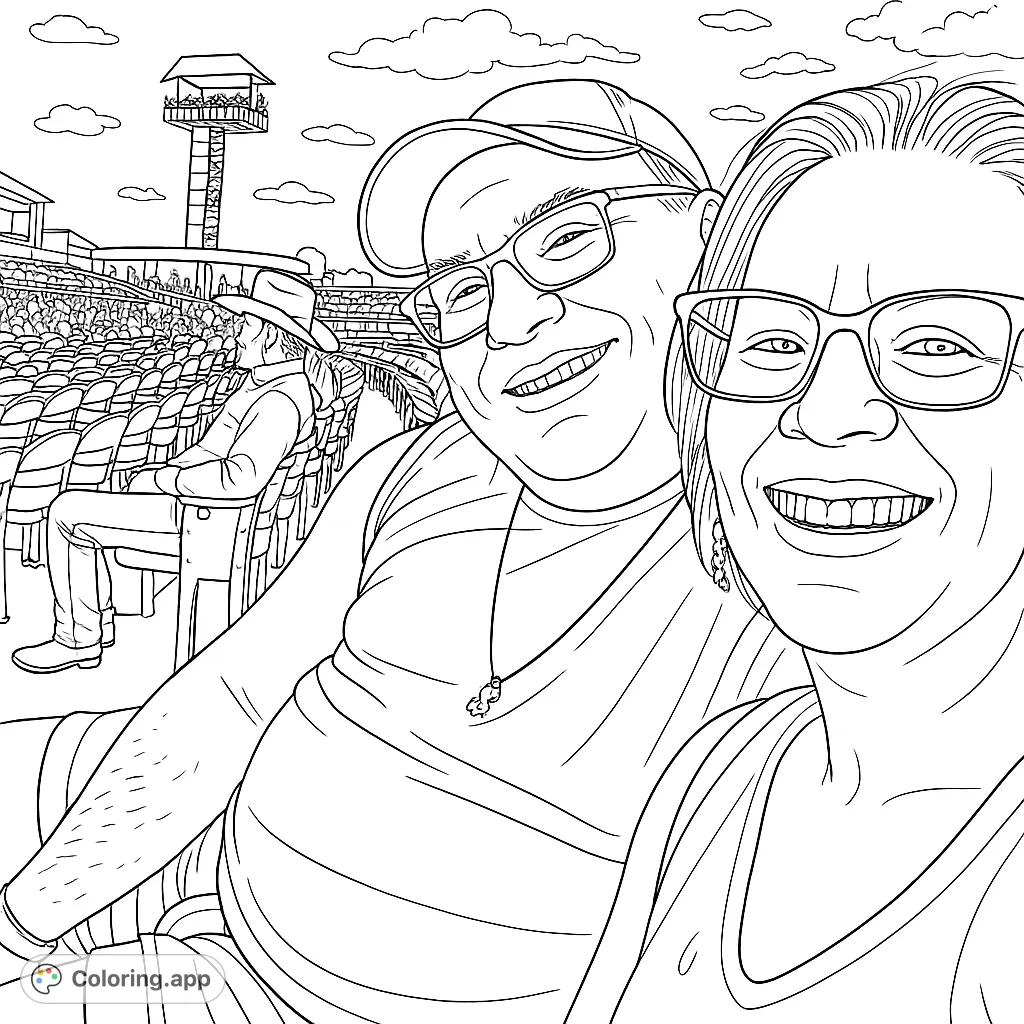A happy couple enjoys an outdoor concert, surrounded by rows of seats and other attendees. A perfect scene for a relaxing and engaging coloring experience.