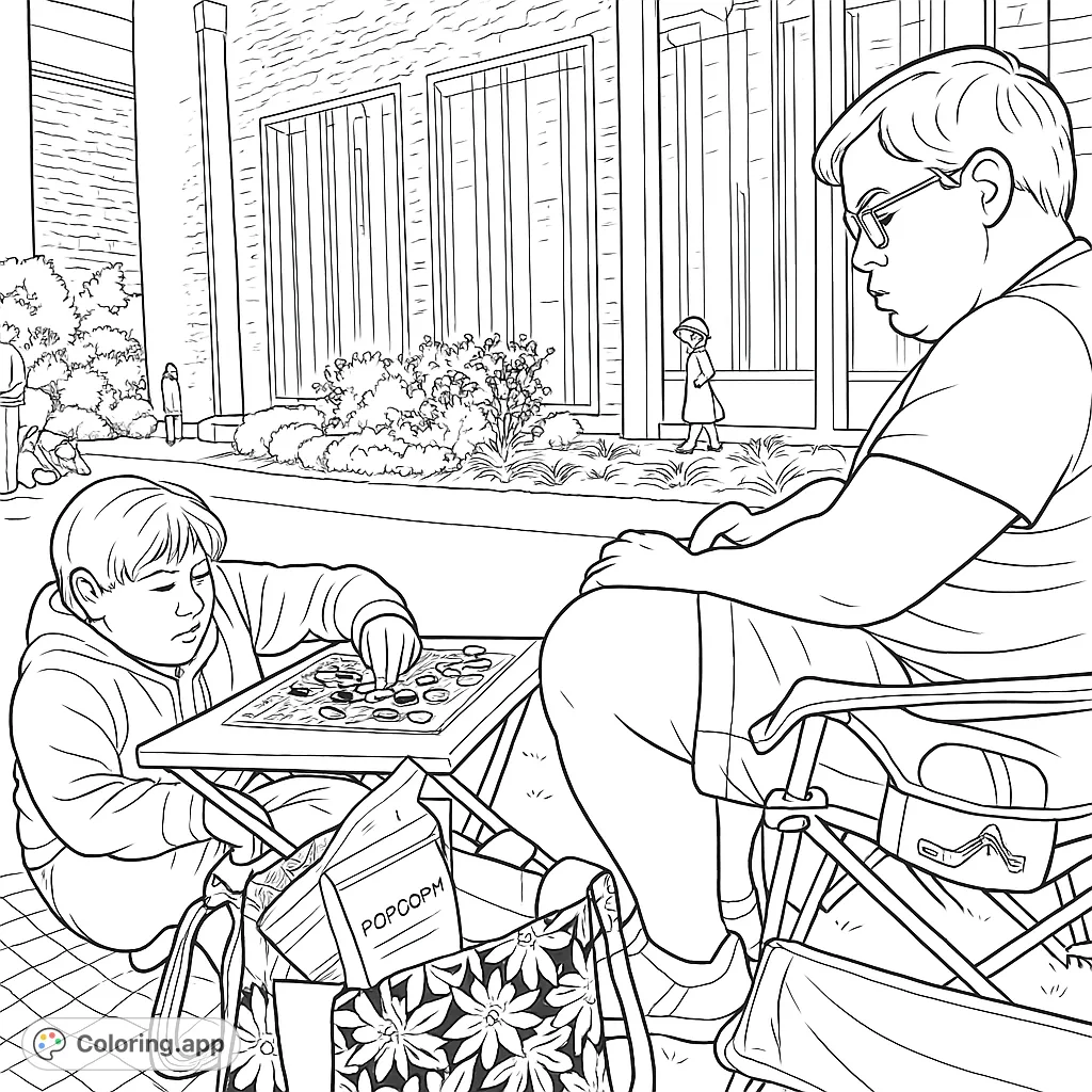 Enjoy a relaxing outdoor game night with this engaging coloring page featuring a child and adult playing checkers, perfect for all ages.