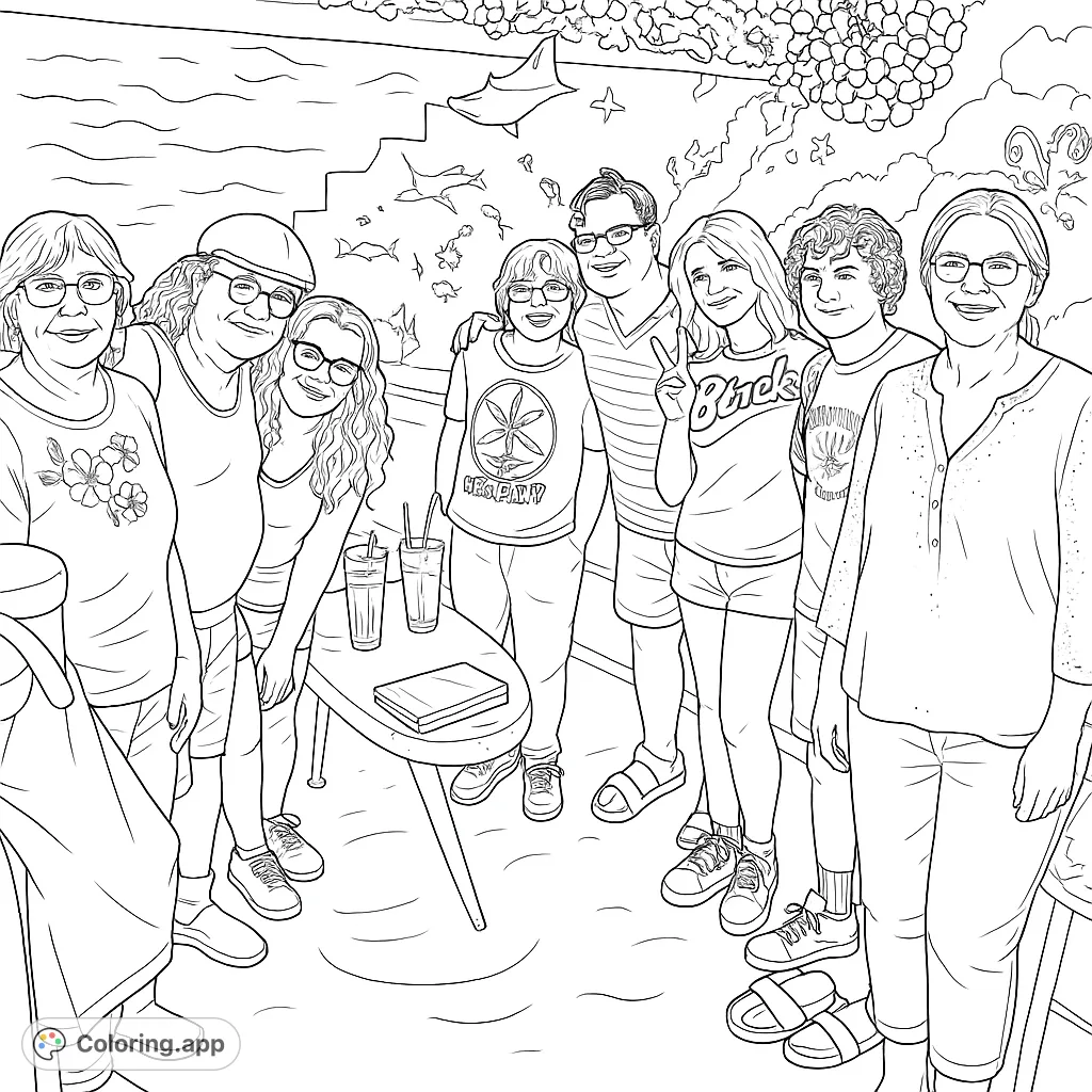 Gather your favorite colors for this underwater family gathering coloring page! Features a lively group posing in an aquarium setting with sharks, rays, and coral.