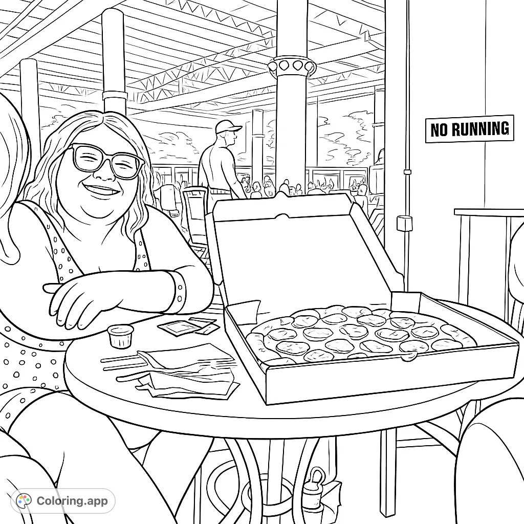 A cheerful person enjoys pizza at an indoor water park, surrounded by a lively atmosphere. Perfect for a relaxing coloring session.