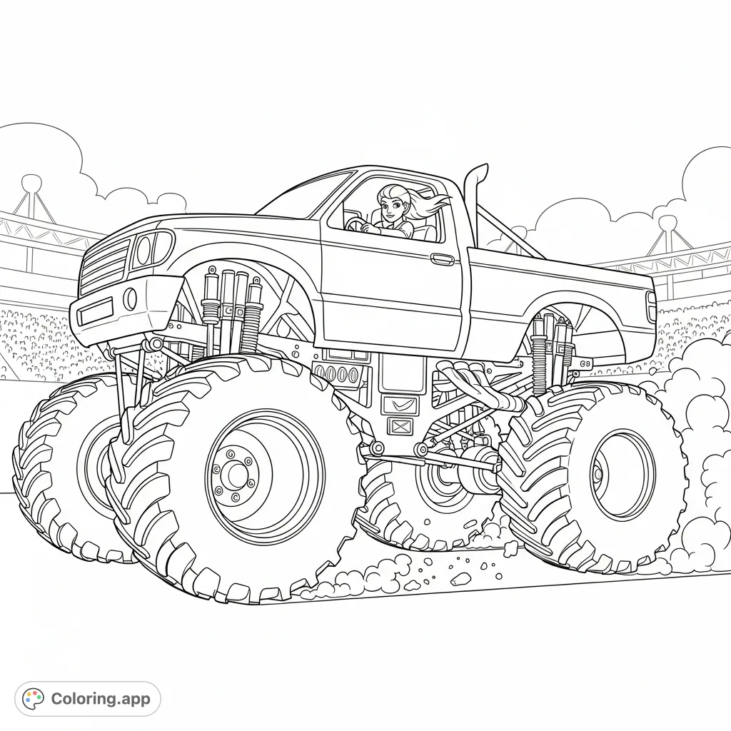 Unleash your creativity with this monster truck coloring page, featuring a daring girl driver amidst a dynamic race scene. Perfect for action fans!