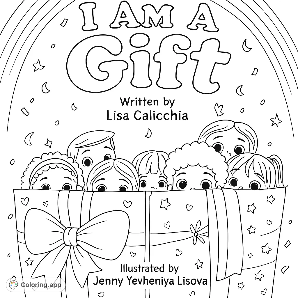 A joyful group of diverse children peeking from a festive gift box, surrounded by confetti and a grand arch. A heartwarming scene for all ages.