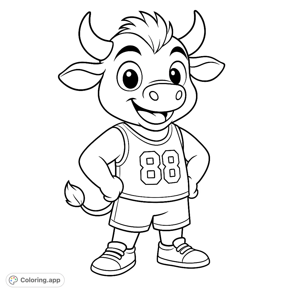 Color a cheerful bull mascot in an athletic uniform, perfect for sports fans and animal lovers. Features a friendly character with number 88.