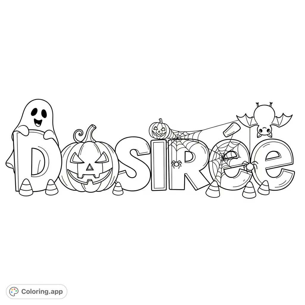 A delightful Halloween-themed coloring page featuring the name "Desiree" adorned with friendly ghosts, jack-o'-lanterns, bats, and candy corn.