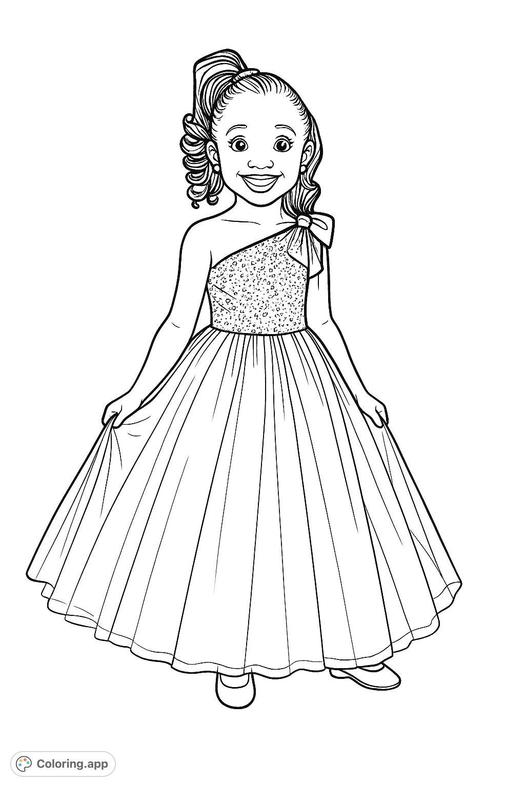 An elegant young girl in a beautiful, voluminous gown with a textured bodice and flowing skirt, perfect for aspiring fashion designers to color.
