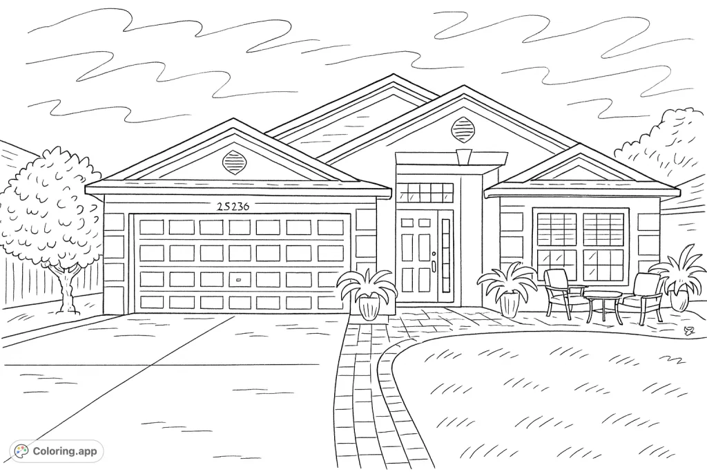 Explore a charming suburban home coloring page, featuring a welcoming facade, detailed landscaping, and a cozy patio. Perfect for all ages.