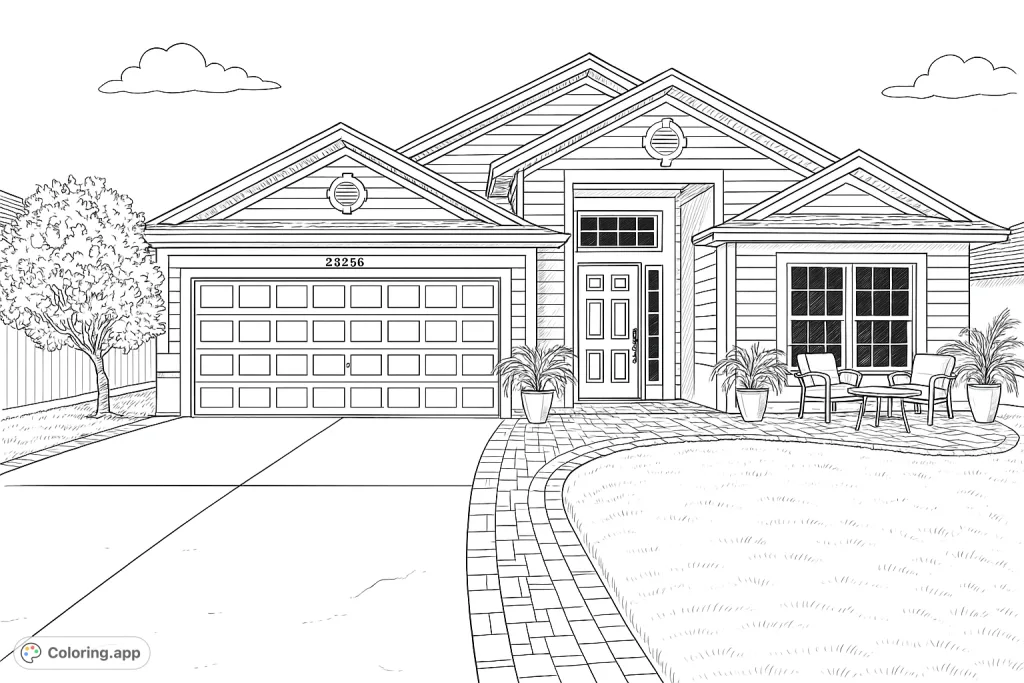 Explore a highly detailed suburban house coloring page, featuring intricate architectural elements, lush landscaping, and inviting outdoor spaces for creative expression.